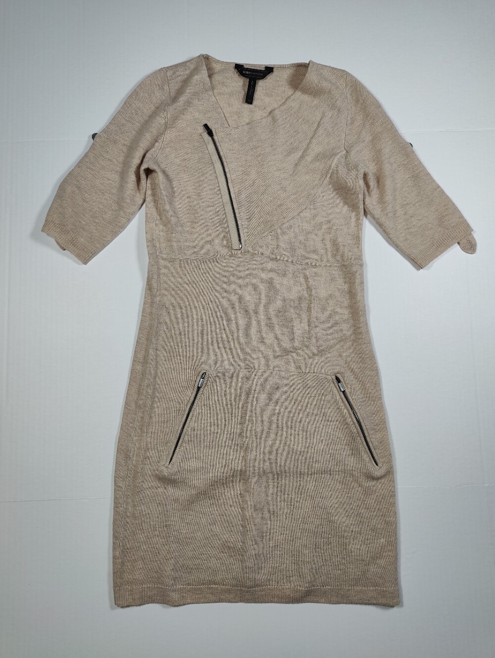 BCBGMaxAzria Beige 100% Wool Roll Tab Sleeve Asymmetric Mini Dress Size XS